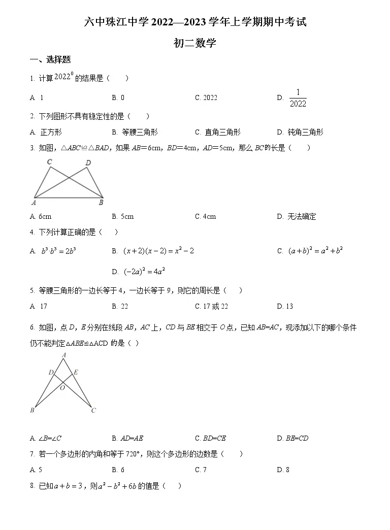 广东省广州市六中珠江中学22 23学年八年级上学期期中考试数学试题 含答案 教习网 试卷下载