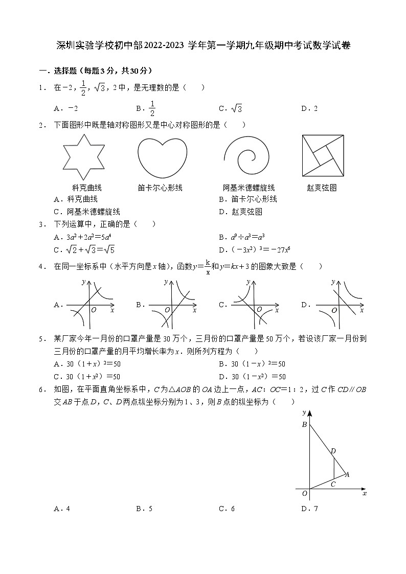 广东省深圳市实验学校初中部2022-2023学年九年级上学期期中考试数学试卷(含答案)第1页