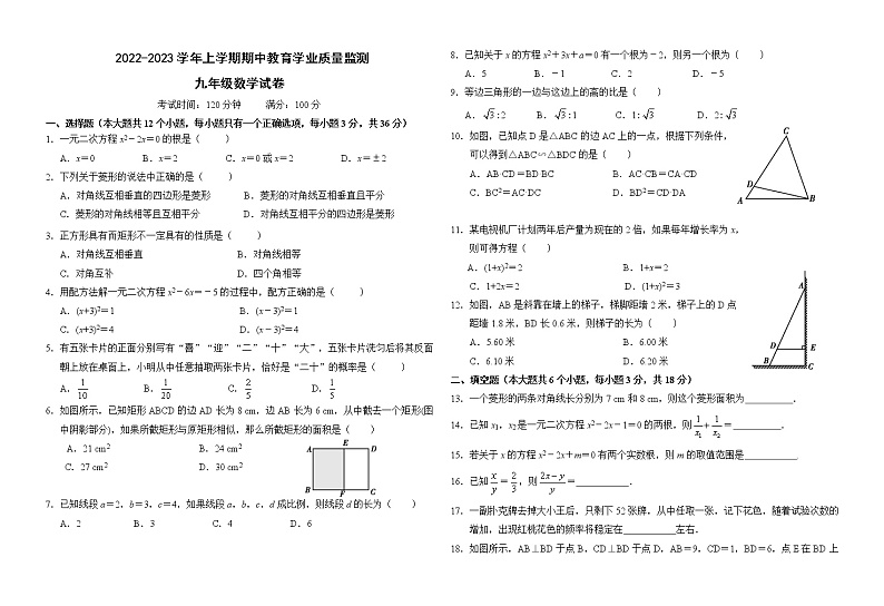 云南省楚雄州双柏县2022-2023学年九年级上学期期中教育学业质量监测数学试题(含答案)01