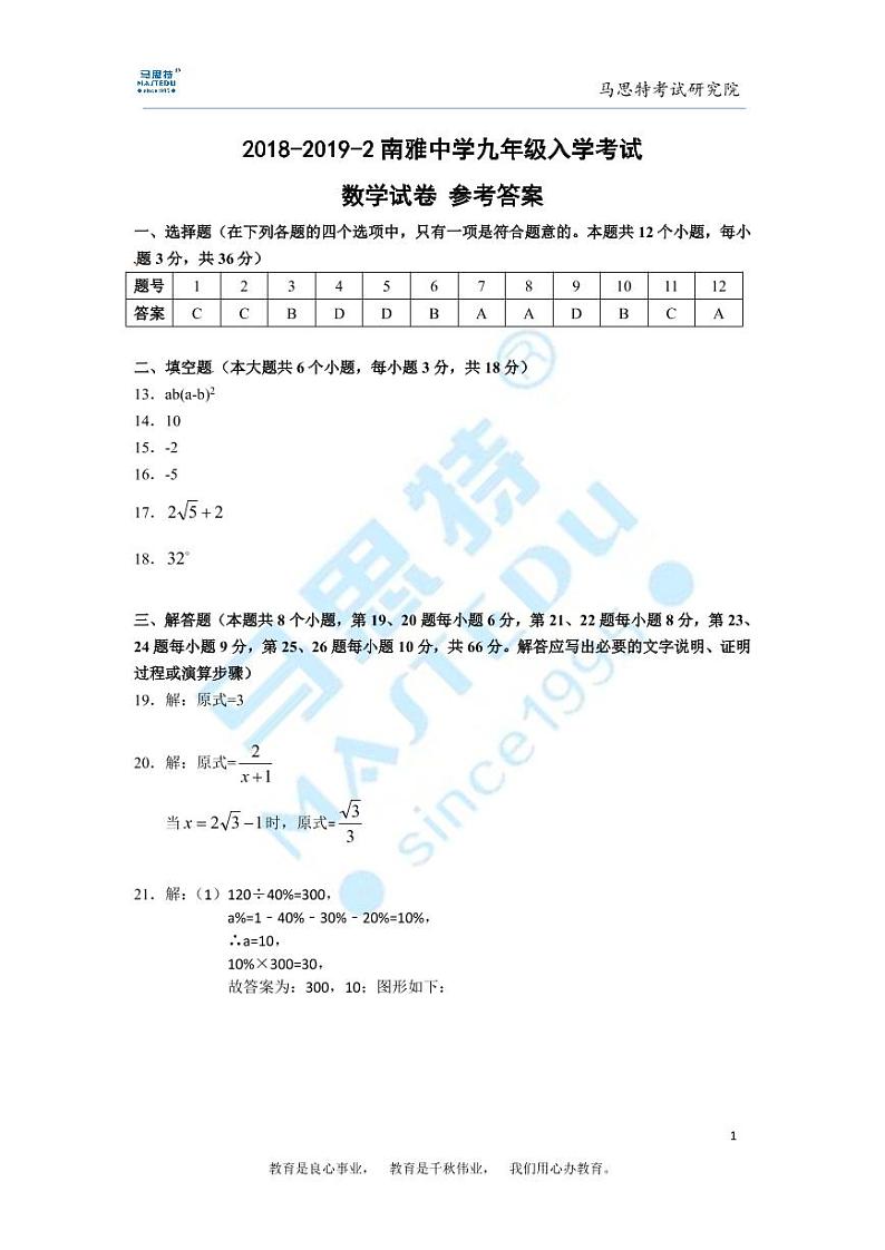 2018-2019-2南雅中学九年级入学考试数学试卷--答案第1页