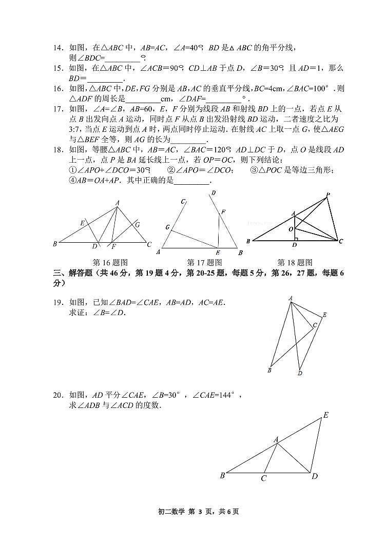 2022-2023八上期中 陈经纶 数学期中试卷2022.11 PDF好第3页