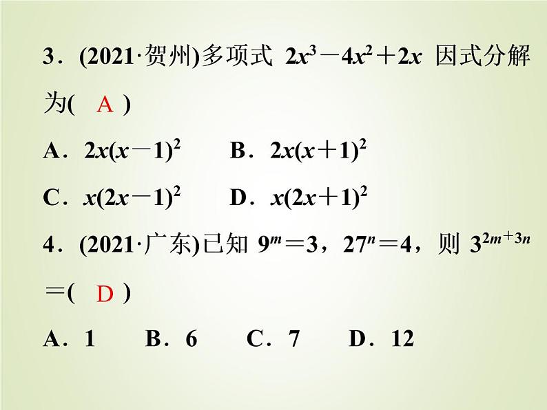 中考数学复习第2讲整式与因式分解精练课件04