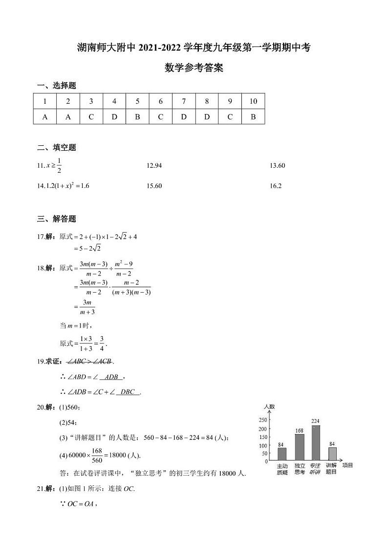湖南广益实验中学 2021-2022 学年度第一学期期中考试数学参考答案第1页