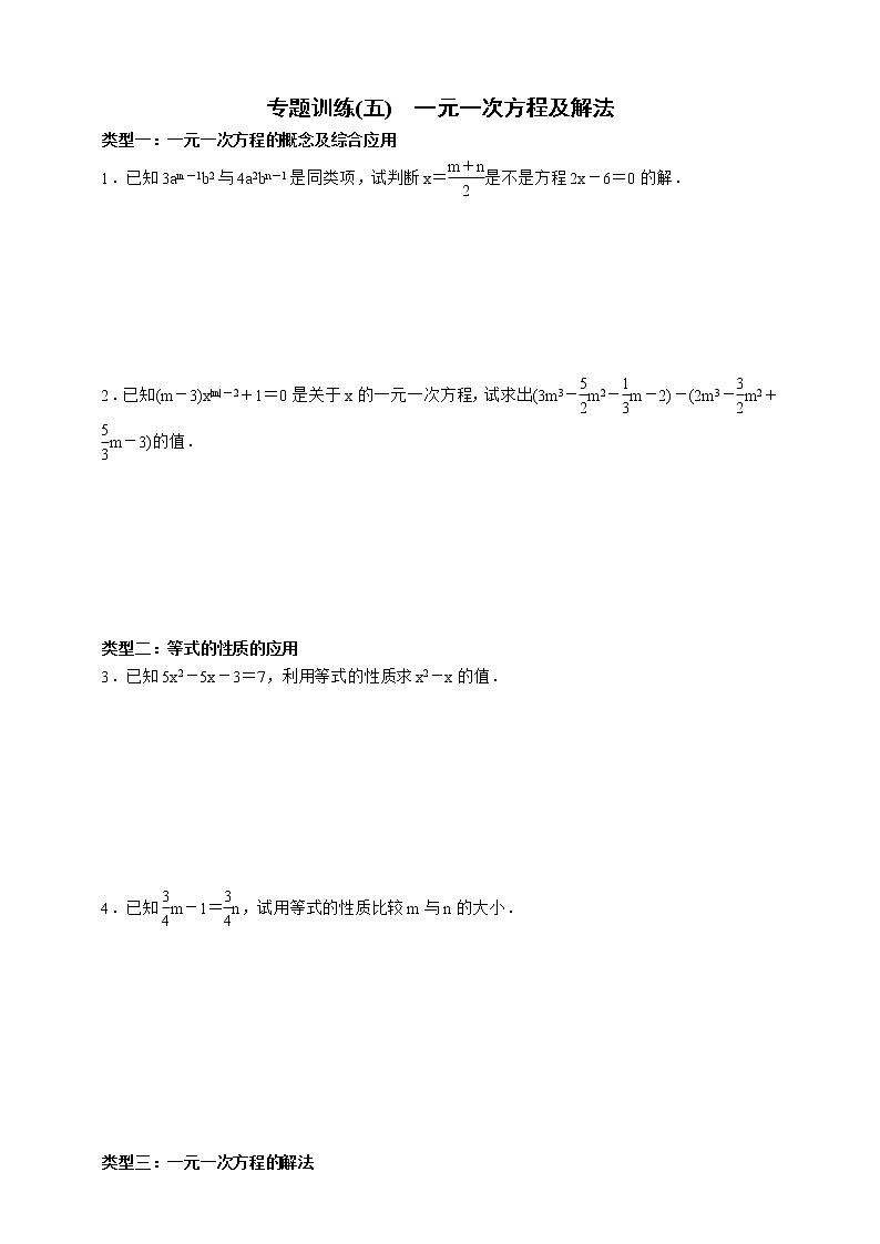 人教版数学七年级上册专题训练(五)　一元一次方程及解法01
