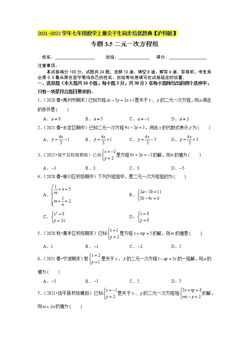 专题3.6二元一次方程组练习（原卷+解析）01
