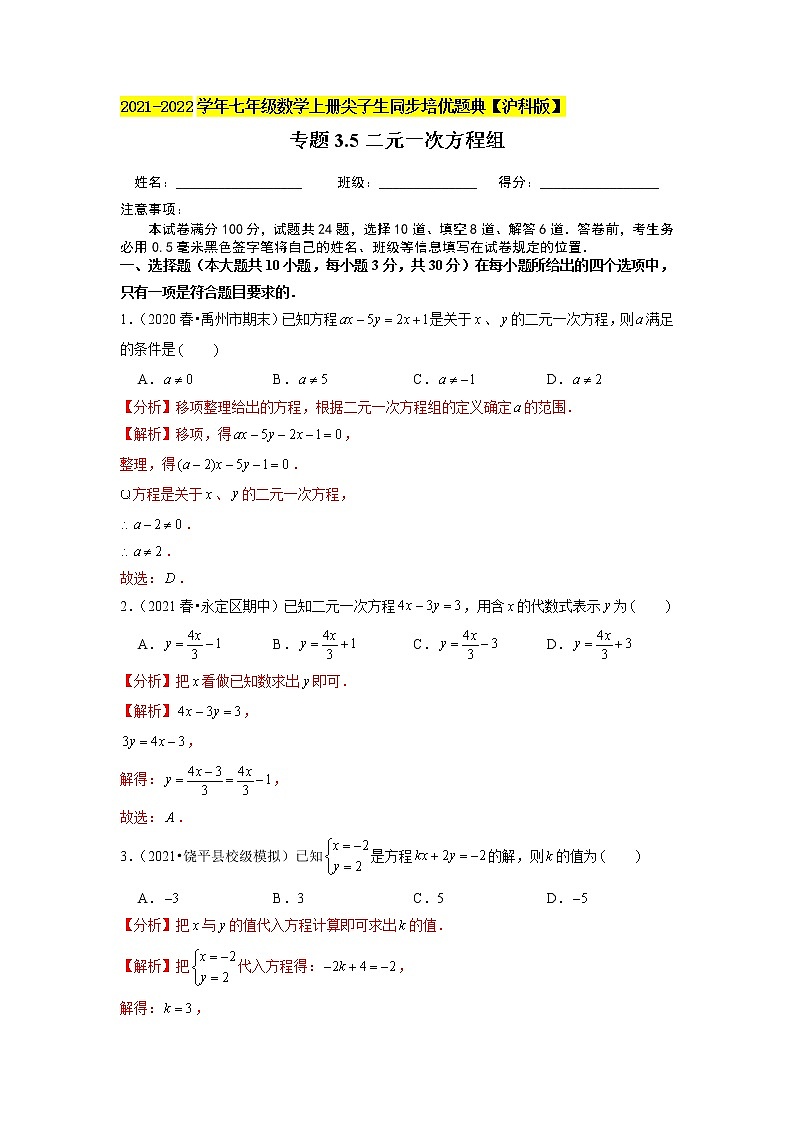 专题3.6二元一次方程组练习（原卷+解析）01