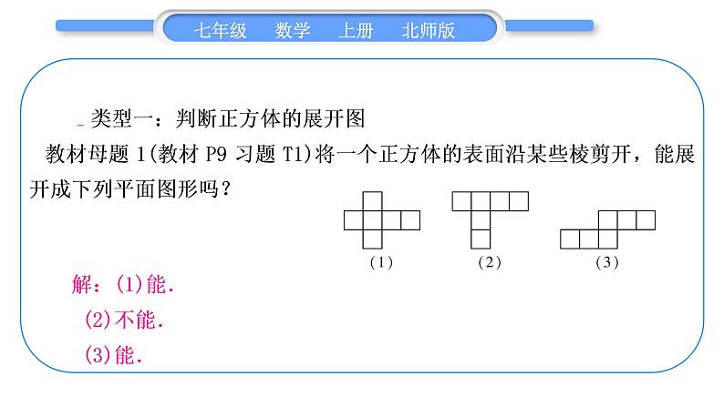 北师大版七年级数学上第一章丰富的图形世界知能素养小专题(一)正方体的展开与折叠——教材P9习题T1、T3的变式与应用习题课件第2页