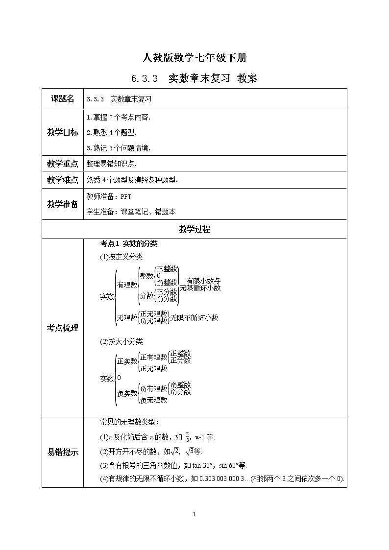 人教版数学七年级下册 6.3.3 《实数章末考点梳理》  课件PPT（送教案练习）01