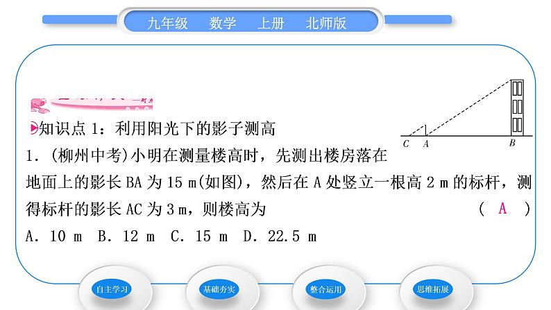 北师大版九年级数学上第四章图形的相似4.6利用相似三角形测高习题课件第6页