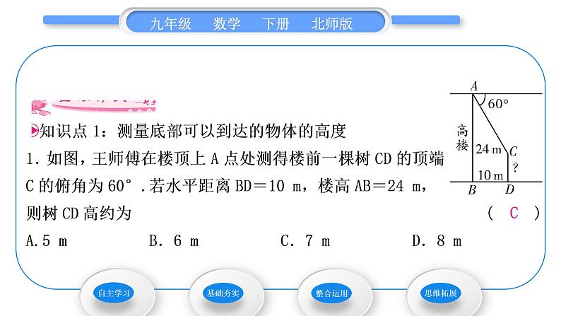 北师大版九年级数学下第一章直角三角形的边角关系1.6利用三角函数测高习题课件第7页