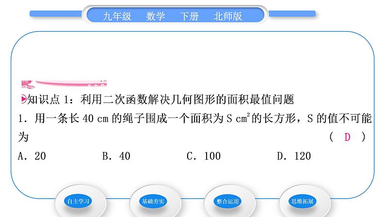 北师大版九年级数学下第二章二次函数2.4二次函数的应用第1课时几何图形的面积与抛物线形问题习题课件06