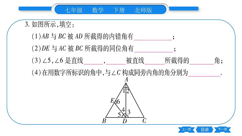 北师大版七年级数学下第2章相交线与平行线探索直线平行的条件第2课时利用内错角、同旁内角判定两直线平行习题课件07