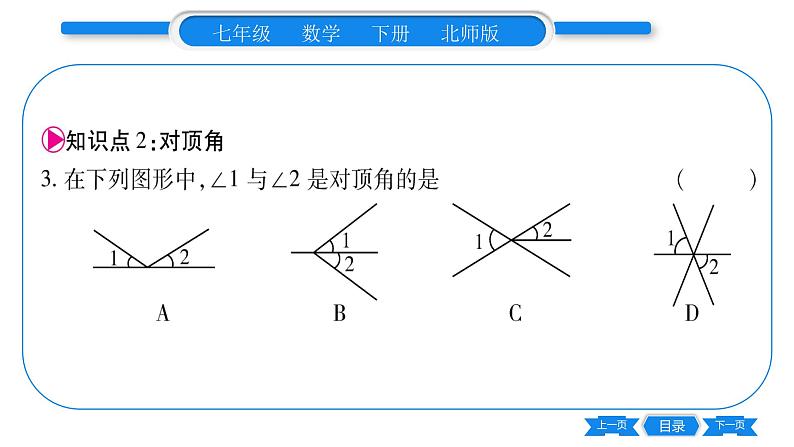 北师大版七年级数学下第2章相交线与平行线两条直线的位置关系第1课时对顶角、余角和补角习题课件07