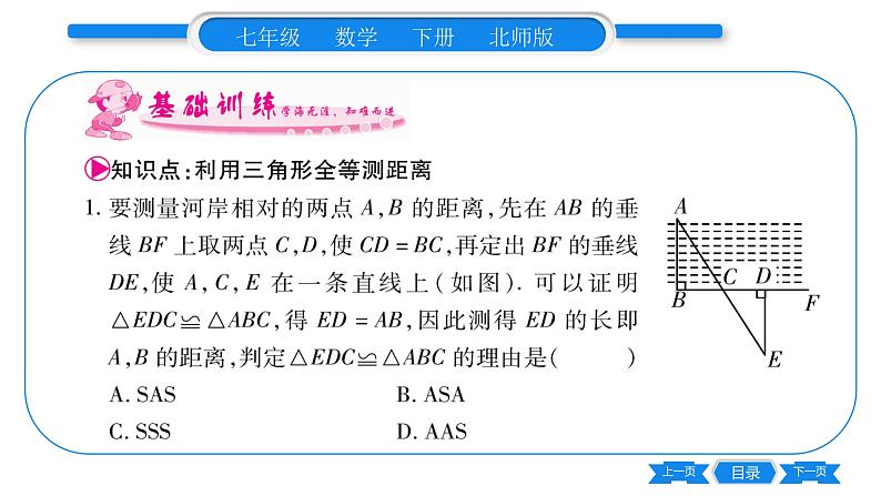 北师大版七年级数学下第4章三角形利用三角形全等测距离习题课件第2页