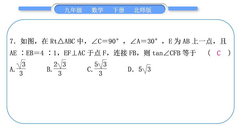 北师大版九年级数学下期末复习专题六直角三角形的边角关系习题课件第8页