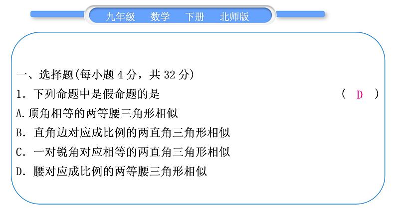 北师大版九年级数学下期末复习专题四图形的相似习题课件02