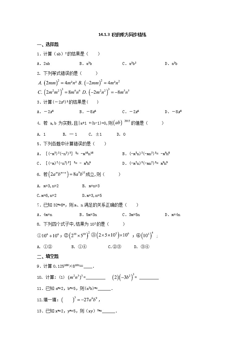人教版八年级数学上册第十四章14.1.3 积的乘方同步精练（无答案）第1页
