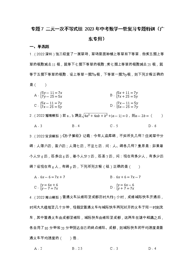 专题7 二元一次不等式组 2023年中考数学一轮复习专题特训（广东专用）第1页