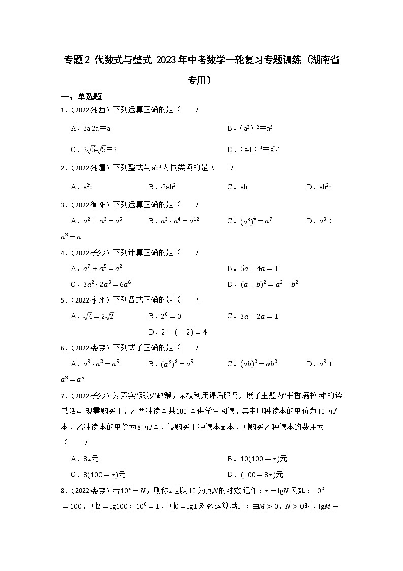 专题2 代数式与整式 2023年中考数学一轮复习专题训练（湖南省专用）第1页