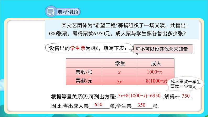 《应用一元一次方程——“希望工程”义演》示范课教学课件【数学七年级上册北师大】第8页