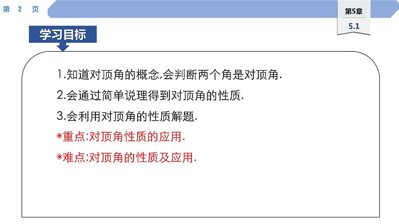 46 第5章 相交线与平行线 5.1 相交线 1.对顶角PPT第2页