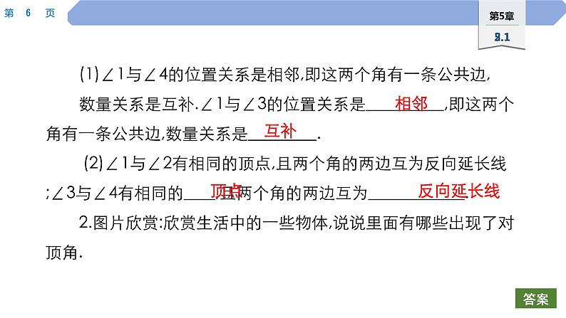 46 第5章 相交线与平行线 5.1 相交线 1.对顶角PPT第6页