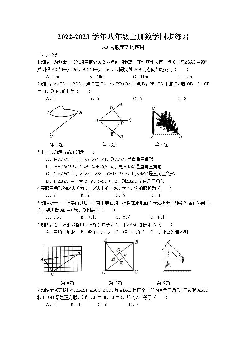 3.3 勾股定理的简单应用同步练习 2022-2023学年苏科版数学八年级上册01