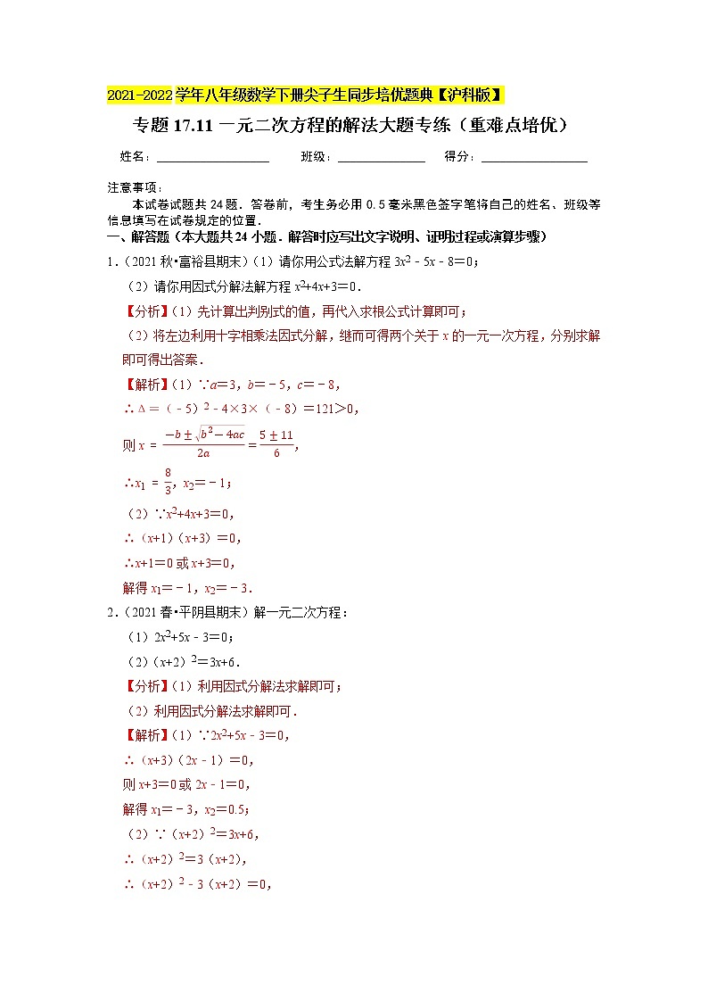 专题17.11一元二次方程的解法大题专练（重难点培优）（原卷+解析版）01