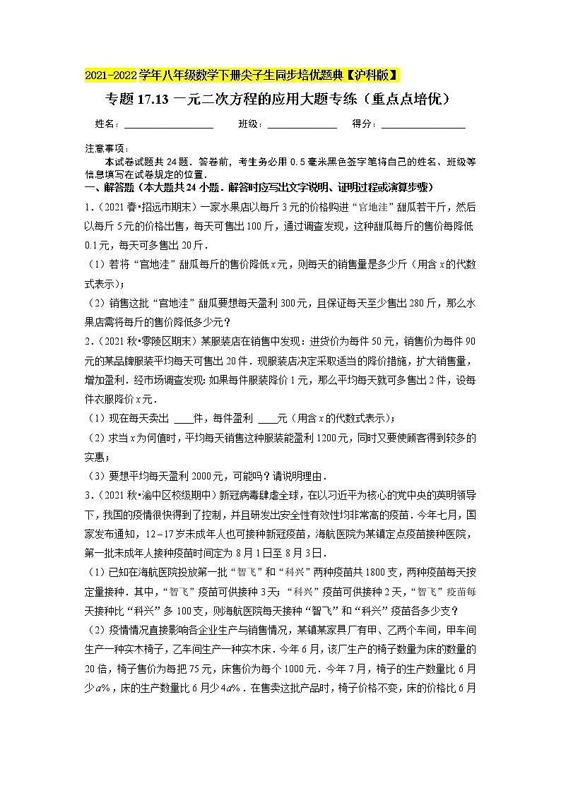 专题17.13一元二次方程的应用大题专练（重难点培优）（原卷+解析版）01