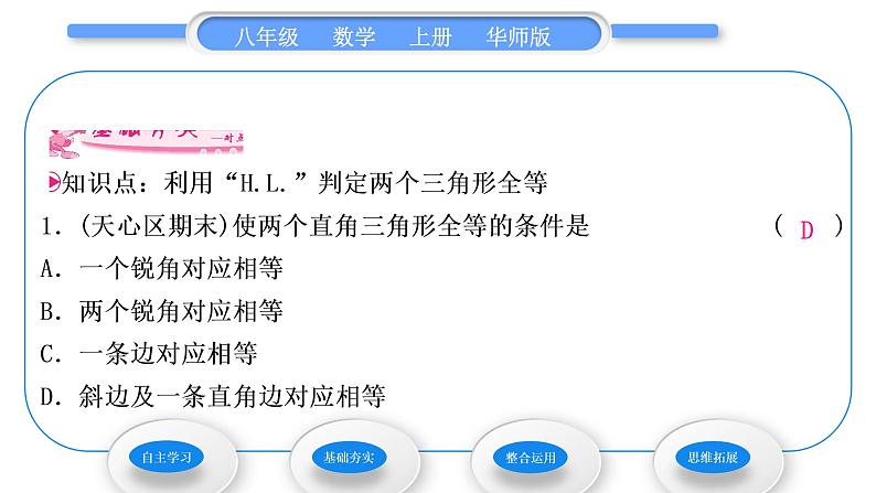 华师大版八年级数学上第13章全等三角形13.2三角形全等的判定5斜边直角边习题课件07