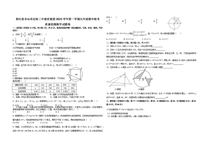 浙江省舟山市定海二中教育集团2022学年九年级上学期 期中联考数学试题卷（含答案）第1页