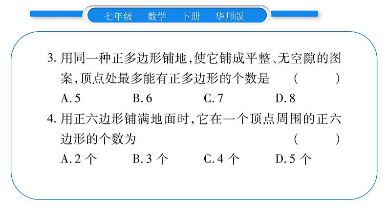 华师大版七年级数学下第9章多边形9.3 用正多边形铺设地面1用相同的正多边形习题课件04