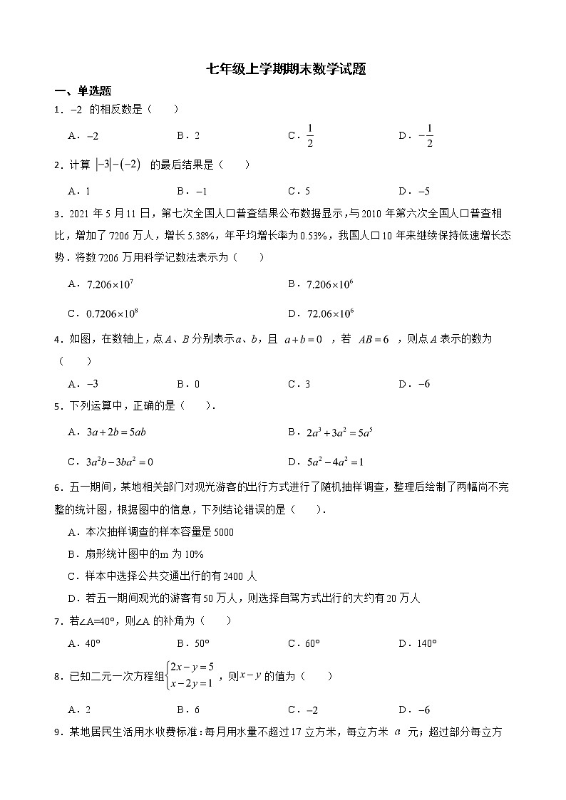 安徽省阜阳市临泉县2022年七年级上学期期末数学试题及答案01
