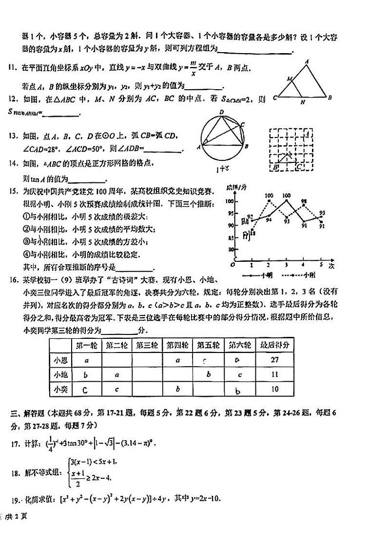 2022北京11中初三开学考试数学试卷及答案第2页