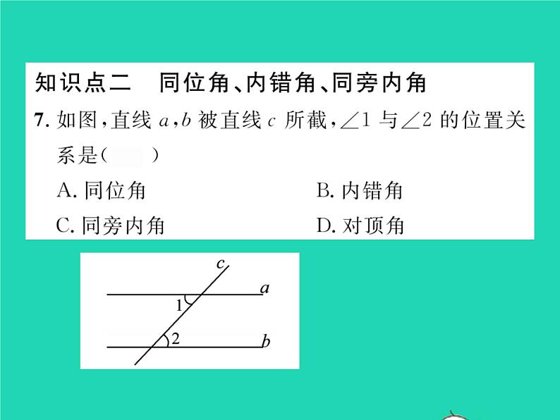 2022七年级数学下册第10章相交线与平行线10.2平行线的判定第1课时平行线及三线八角习题课件新版沪科版06