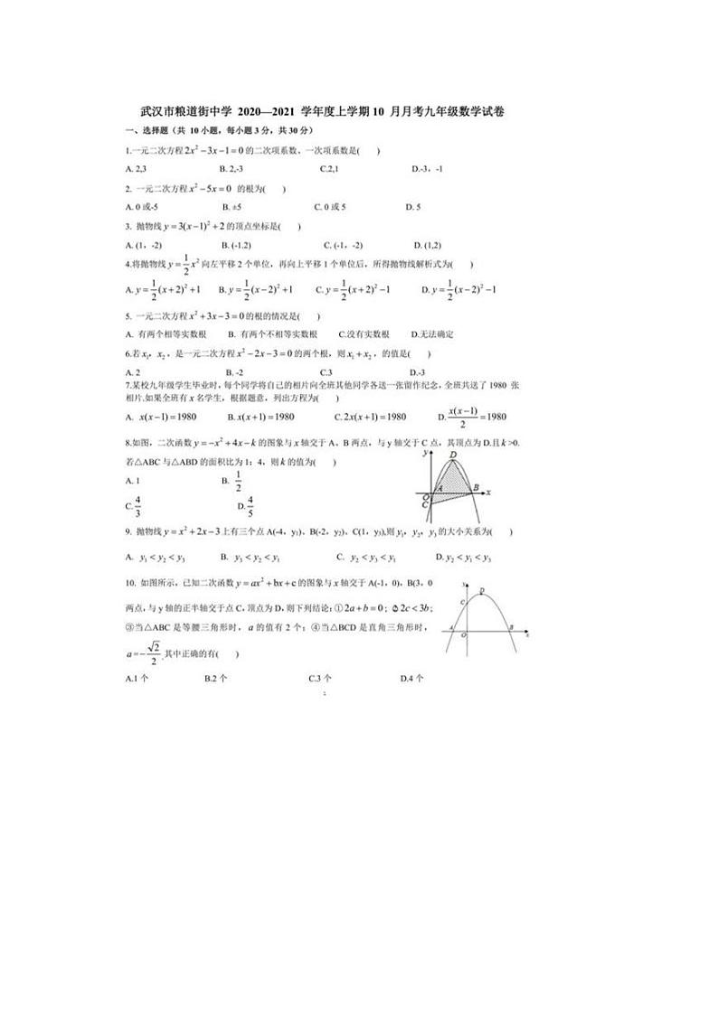 武汉市粮道街中学2020-2021上学期10月月考九年级数学试卷及答案01