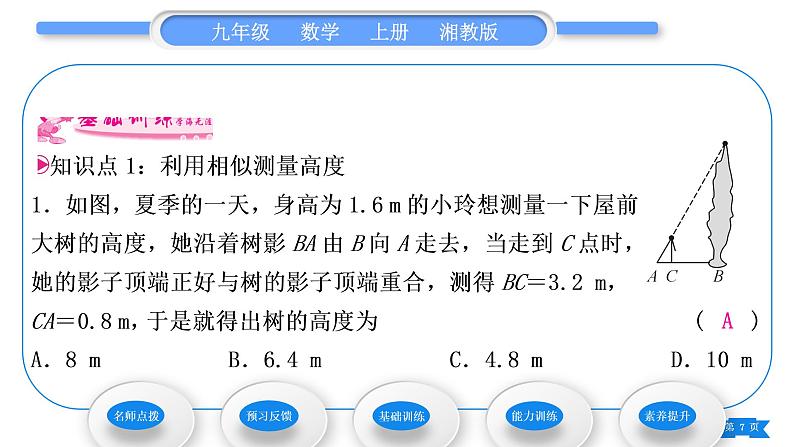 湘教版九年级数学上第3章图形的相似3.5相似三角形的应用习题课件07
