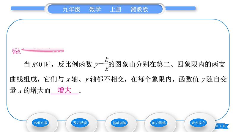 湘教版九年级数学上第1章反比例函数1.2反比例函数的图象与性质第2课时反比例函数y＝kx(k＜0)的图象与性质习题课件07