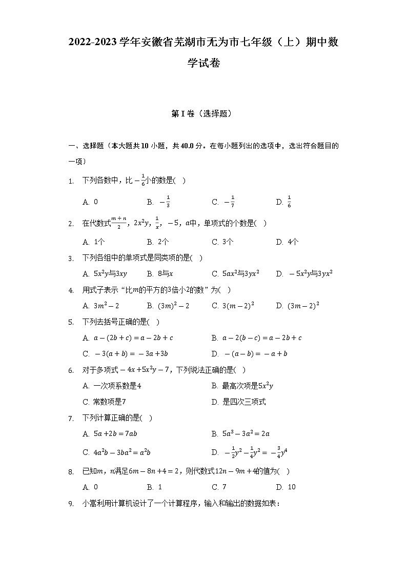 2022-2023学年安徽省芜湖市无为市七年级（上）期中数学试卷（含解析）第1页