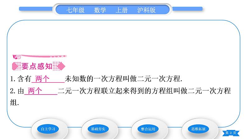 沪科版七年级数学上第3章一次方程与方程组3.3二元一次方程组及其解法第1课时二元一次方程及二元一次方程组习题课件02