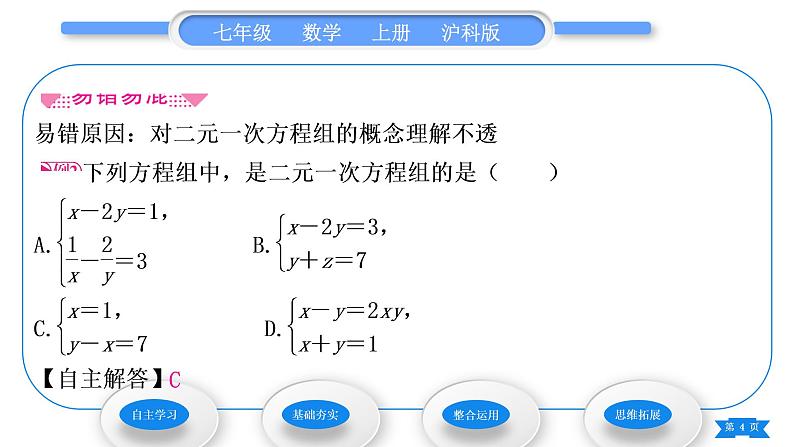 沪科版七年级数学上第3章一次方程与方程组3.3二元一次方程组及其解法第1课时二元一次方程及二元一次方程组习题课件04