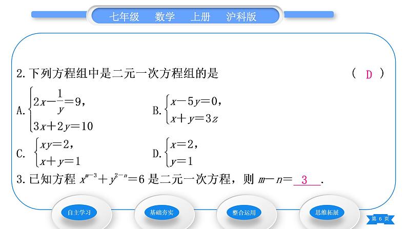 沪科版七年级数学上第3章一次方程与方程组3.3二元一次方程组及其解法第1课时二元一次方程及二元一次方程组习题课件06