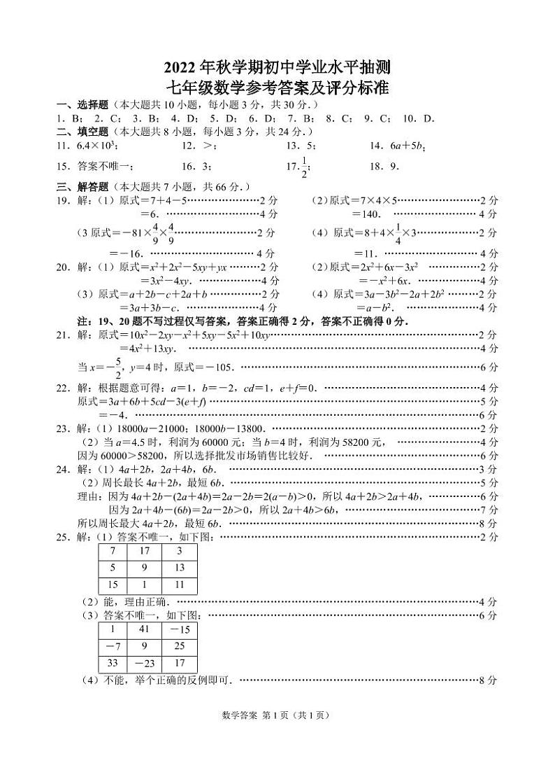无锡市梁溪区2022-2023学年七年级上学期期中考试数学试题答案第1页