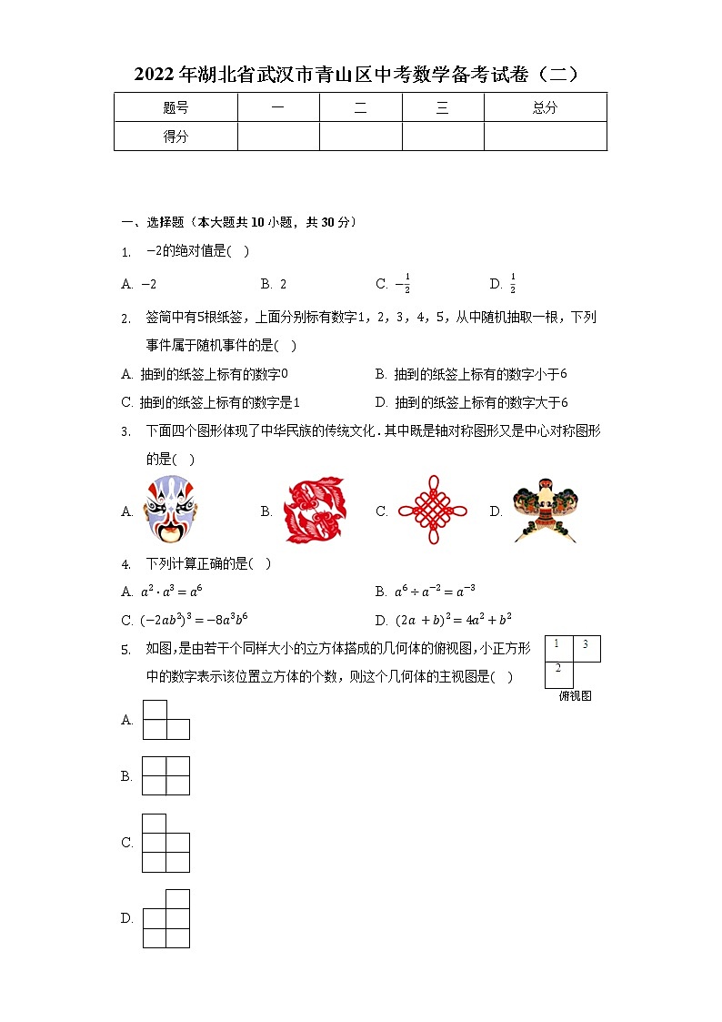 2022年湖北省武汉市青山区中考数学备考试卷（二）（含解析）01