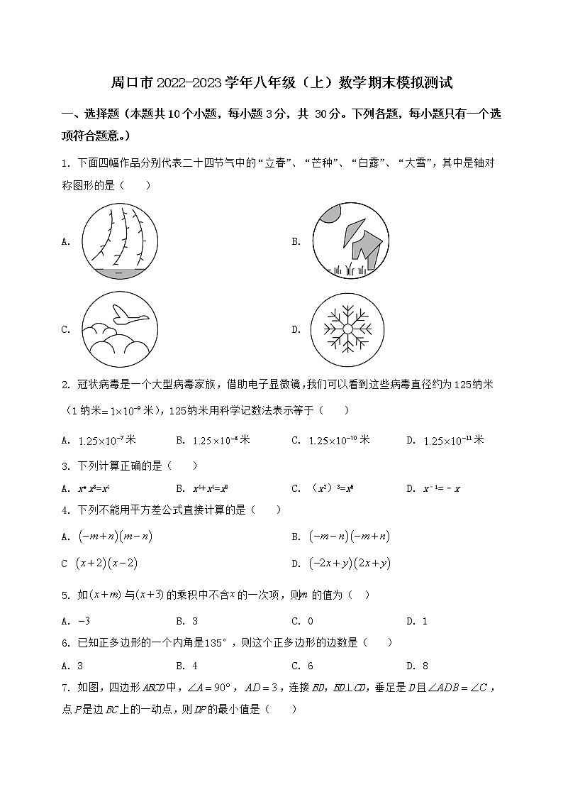 河南省周口市2022-2023学年八年级（上）数学期末模拟测试（含答案及详解）第1页