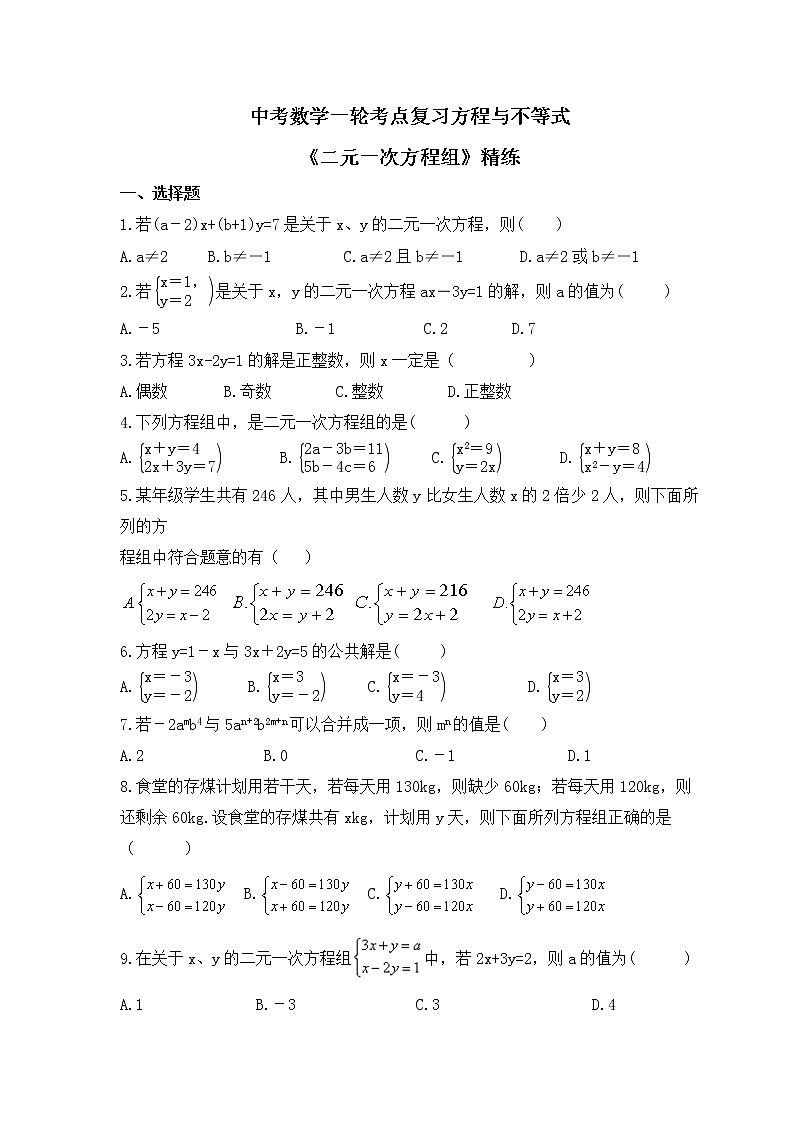 中考数学一轮考点复习方程与不等式《二元一次方程组》精练(原卷版)第1页
