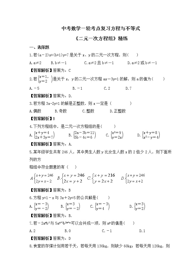 中考数学一轮考点复习方程与不等式《二元一次方程组》精练(教师版)第1页