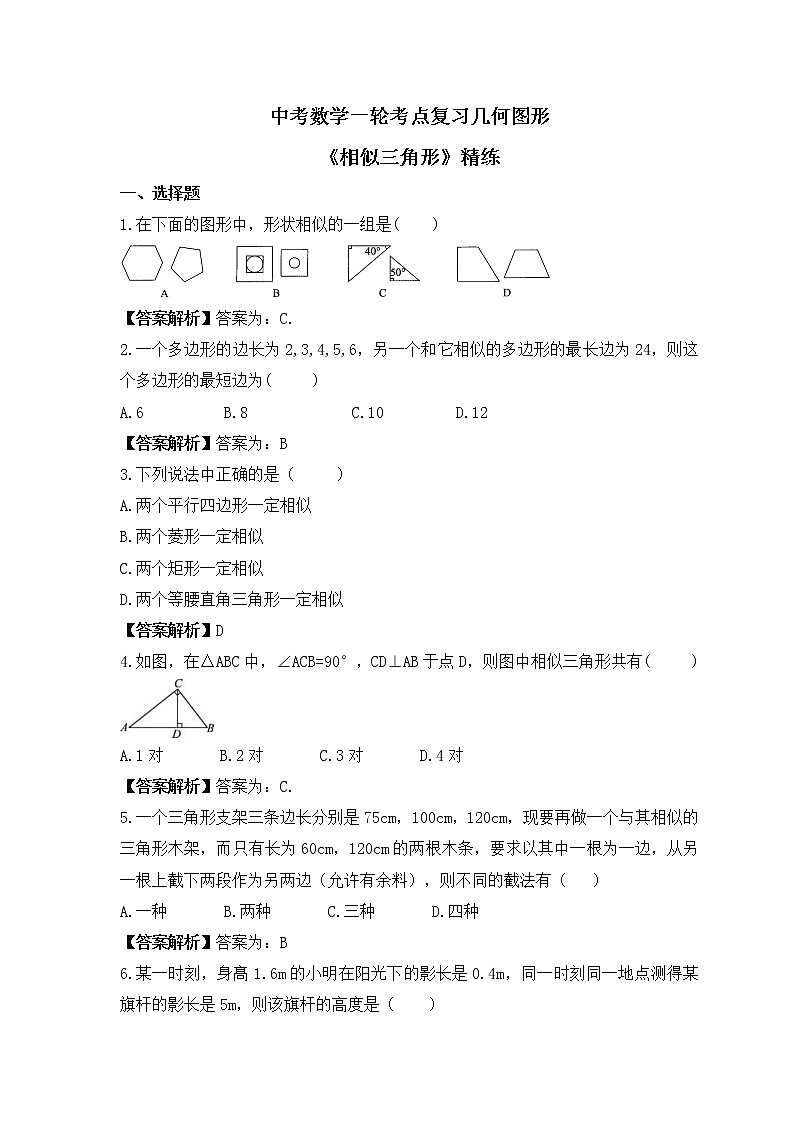 中考数学一轮考点复习几何图形《相似三角形》精练(教师版)第1页