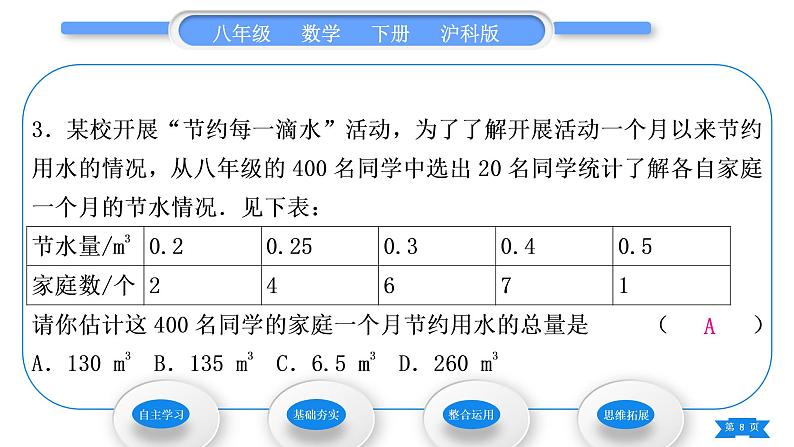 沪科版八年级数学下第20章数据的初步分析20.2数据的集中趋势与离散程度20.2.1数据的集中趋势第3课时用样本平均数估计总体平均数习题课件第8页