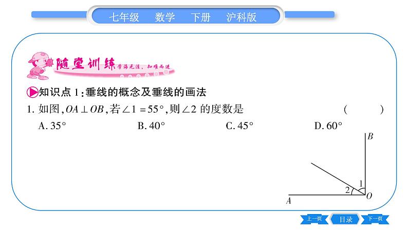 沪科版七年级数学下第10章相交线、平行线与平移10.1 相交线第2课时 垂线及其浓本事实习题课件05